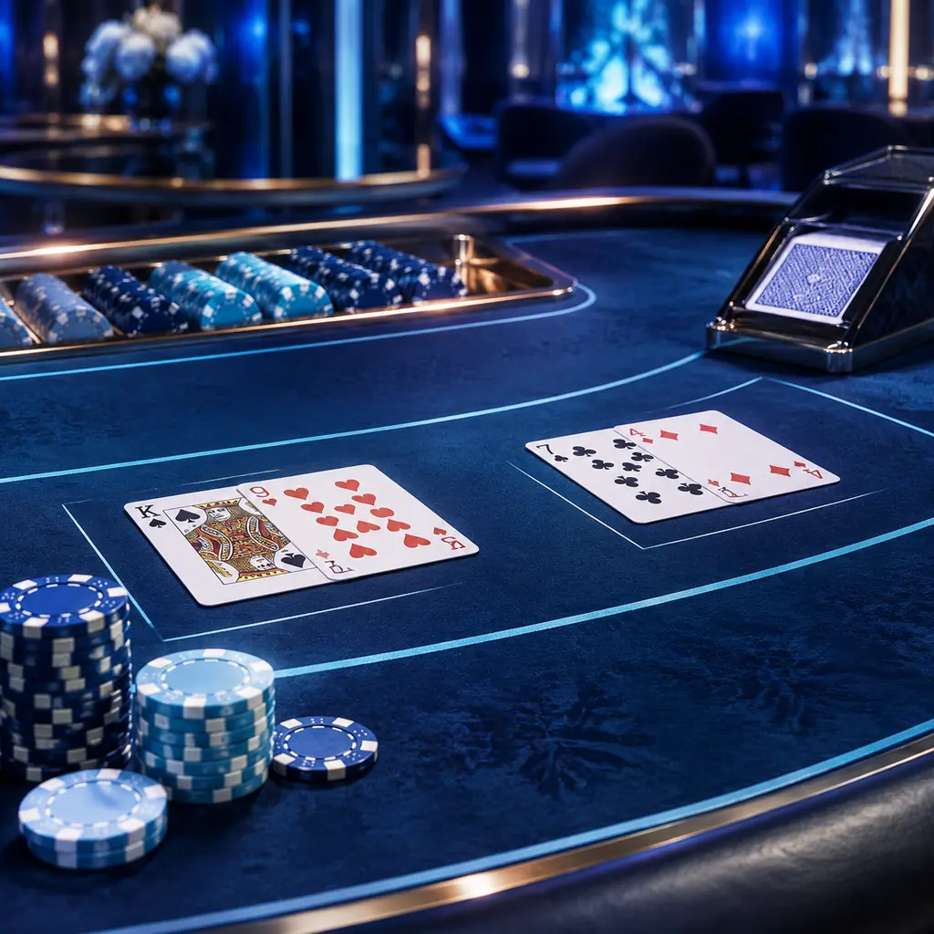 Kartu, sepatu kartu dan cip di meja baccarat