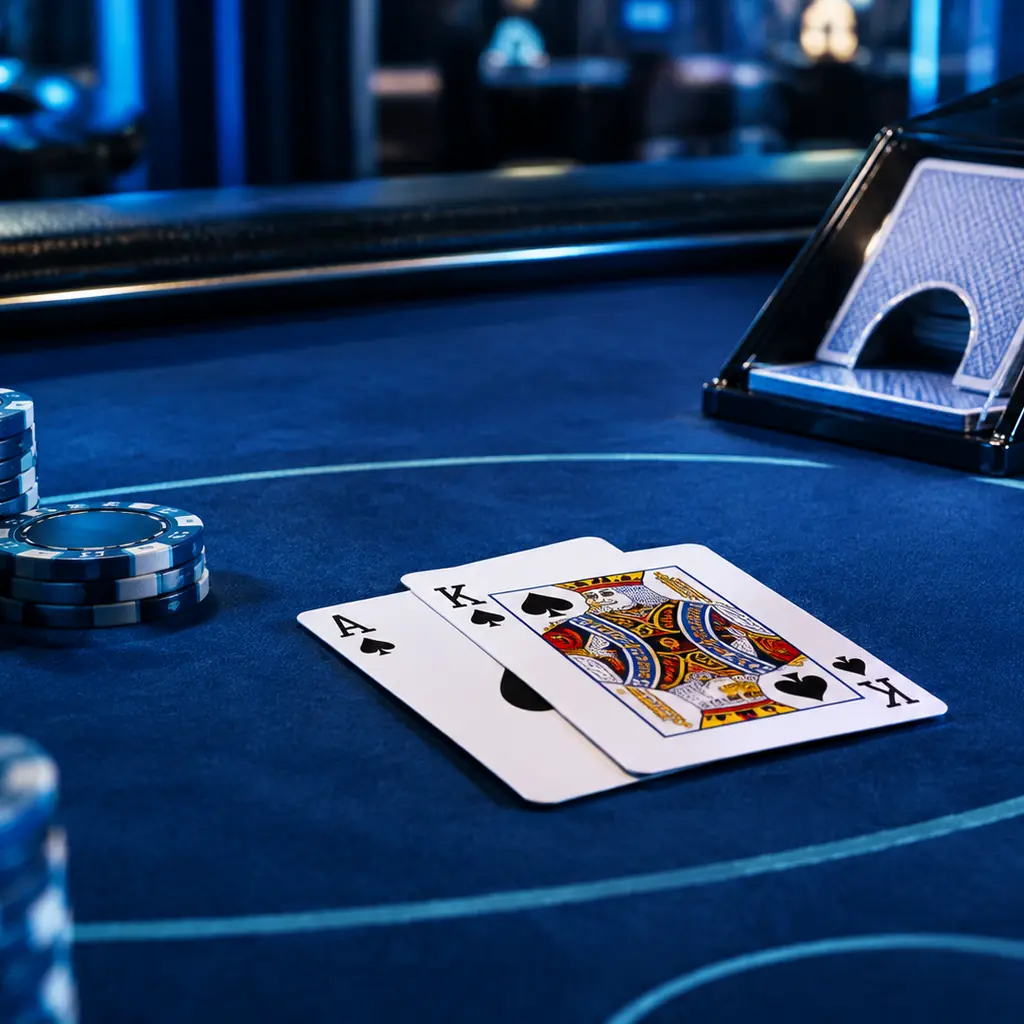 Kartu blackjack dan chip tersusun di atas meja kasino
