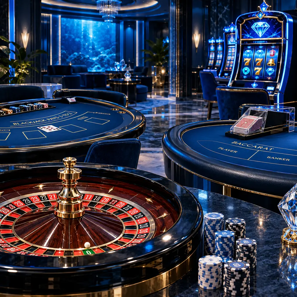 Meja kartu, roda roulette dan mesin slot dalam ruang kasino