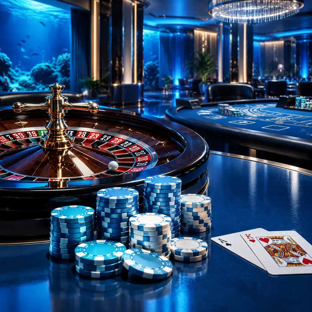 Meja kartu dan roda roulette dalam ruang kasino biru laut