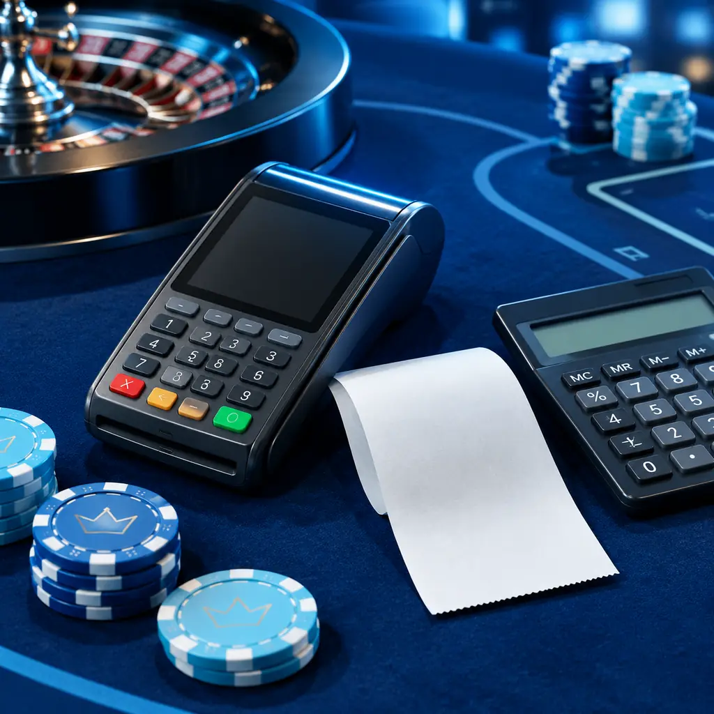 Catatan transaksi tanpa data pribadi di dekat chip meja kasino