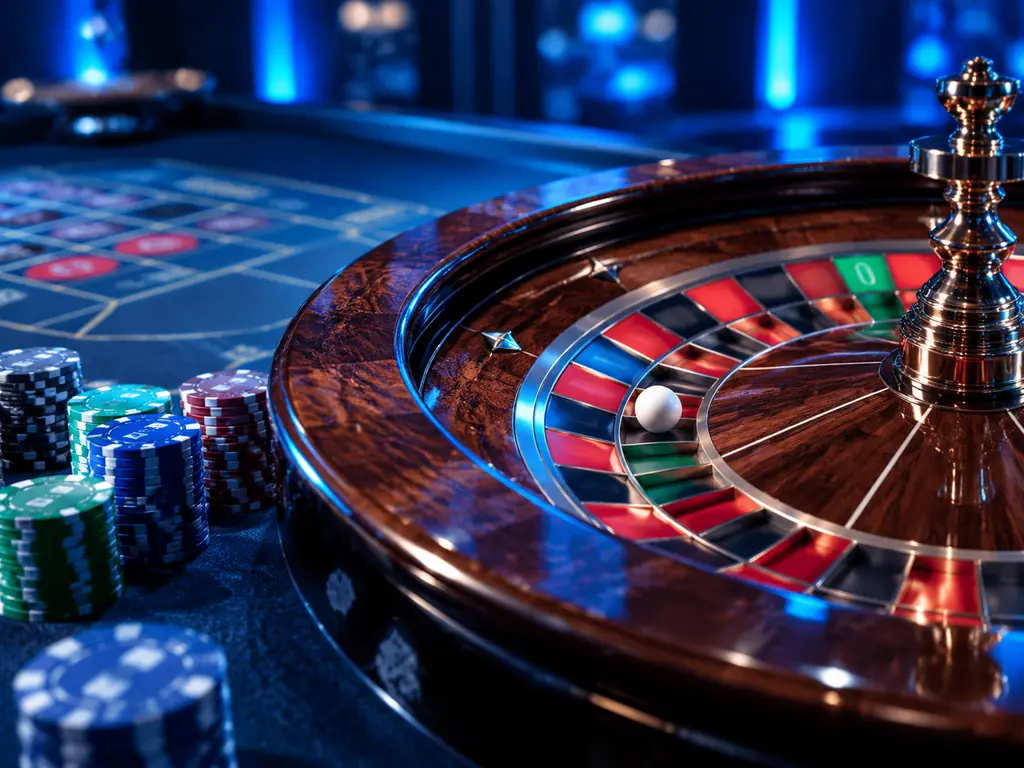 Roda roulette kayu dengan bola putih dan cip